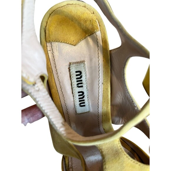 MIU MIU SUEDE WEDGE PLATFORM SANDALS SOLEIL Sz 37 1/2 Italy stamp COA U… - Picture 3 of 14